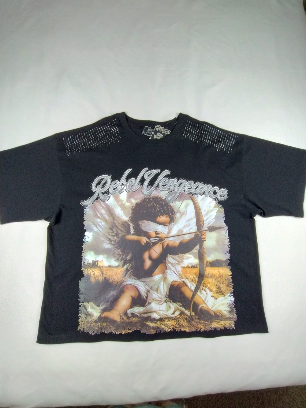Rebel Vengeance Mens 3XL Black Rhinestone Blindfolded Cupid Graphic T-Shirt